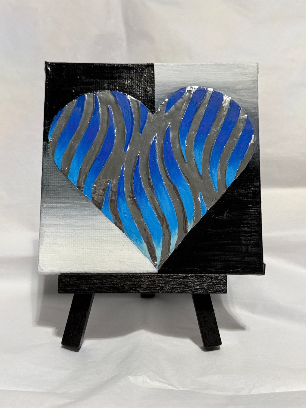 Hand painted Blue & Metallic Silver Heart Canvas Mini Art — with Easel